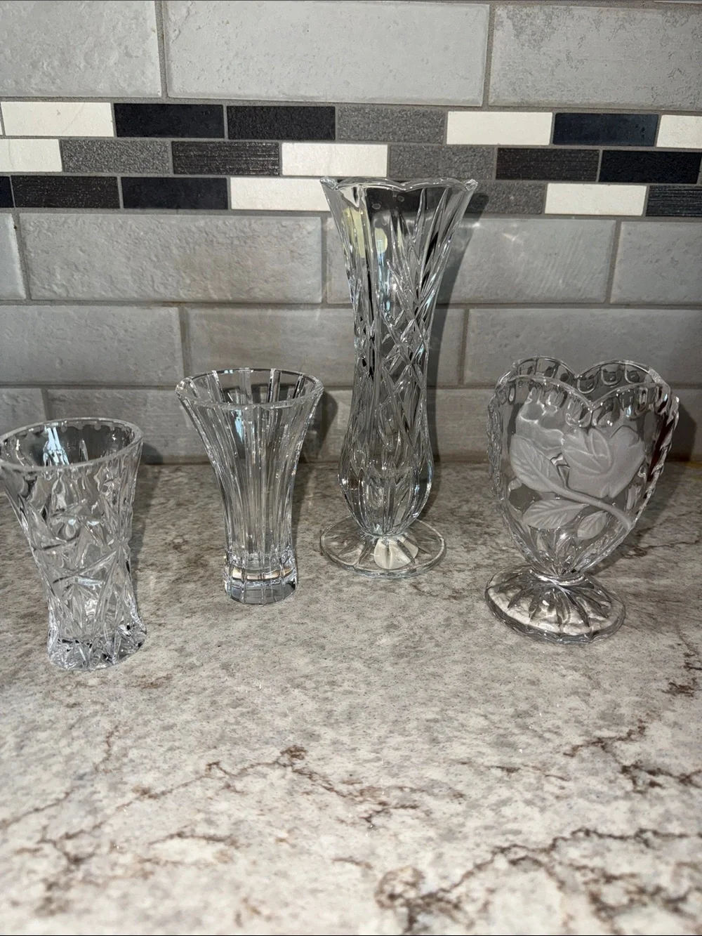 4 Vintage Clear Cut Crystal Glass Bud Flowers Vases decorative variety etched